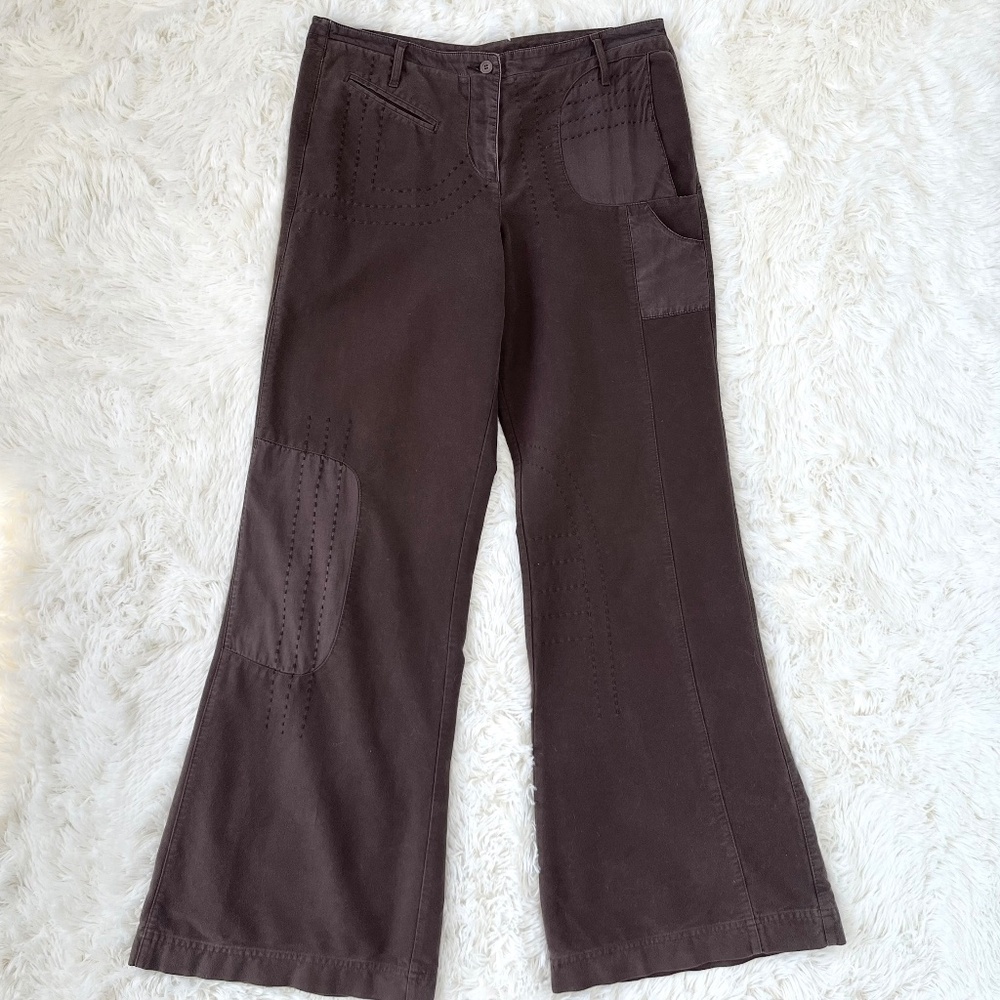 Cotelac Brown Wide Leg Flare Pants Patchwork Pockets